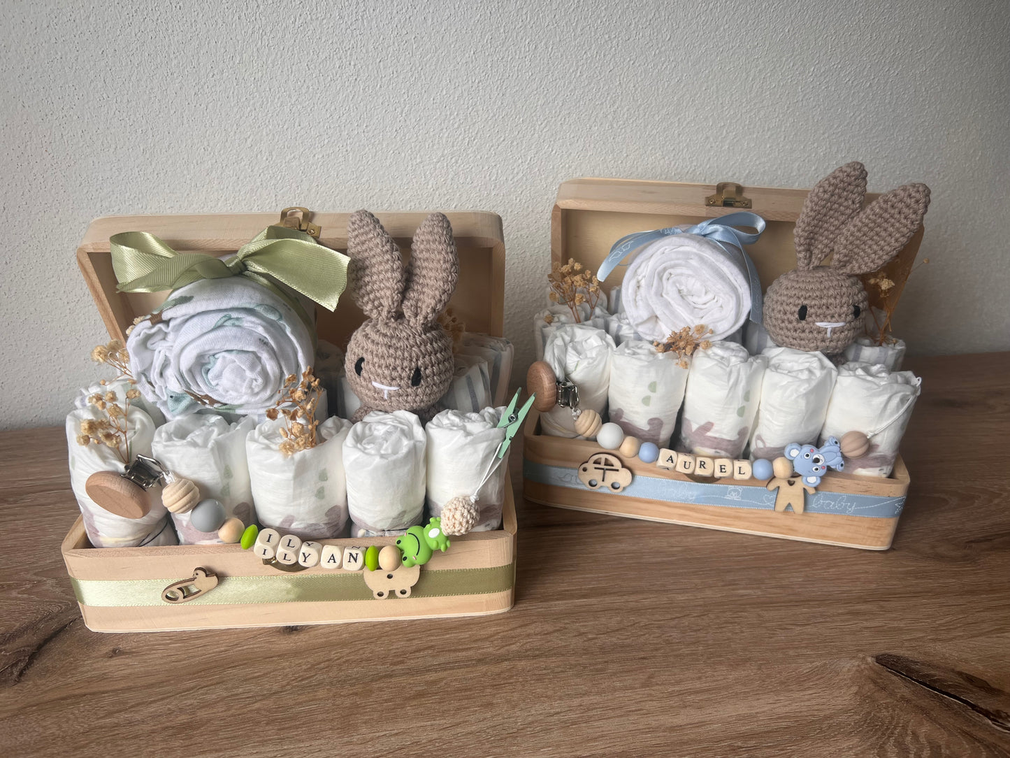 Windeltorte in Erinnerungsholzkiste - Personalisiertes Baby Geschenkset