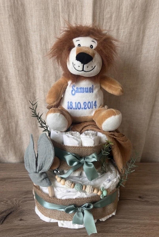 Windeltorte mit personalisiertem Kuscheltier, Geschenk zur Geburt, Taufe oder Babyparty, Babygeschenkset