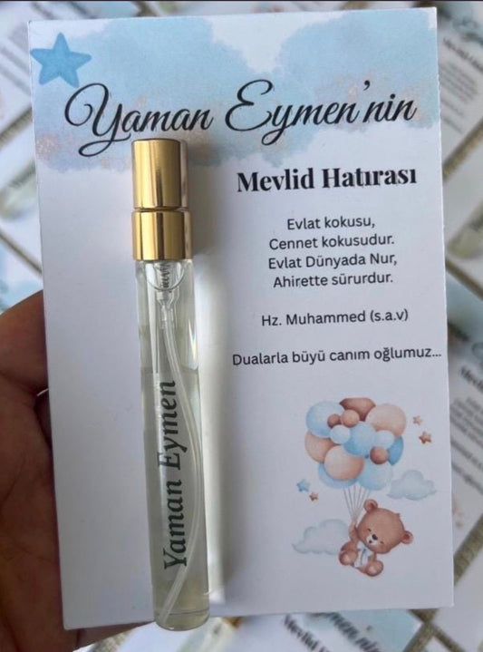 Personalisiertes Mevlüt Gastgeschenk-Karte mit Duftfläschchen und Kolonya