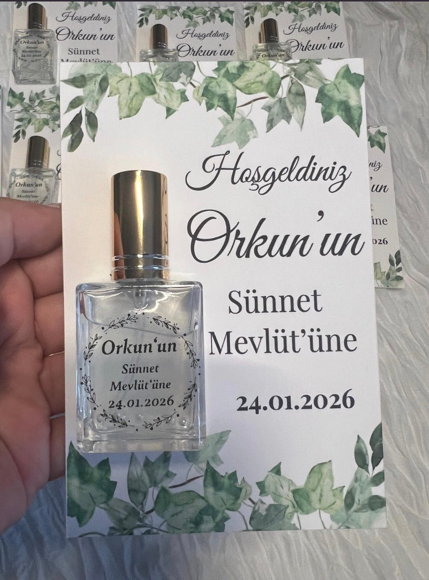 Gastgeschenke zur Mevlüt: Personalisierte Karte mit Parfum-Fläschchen