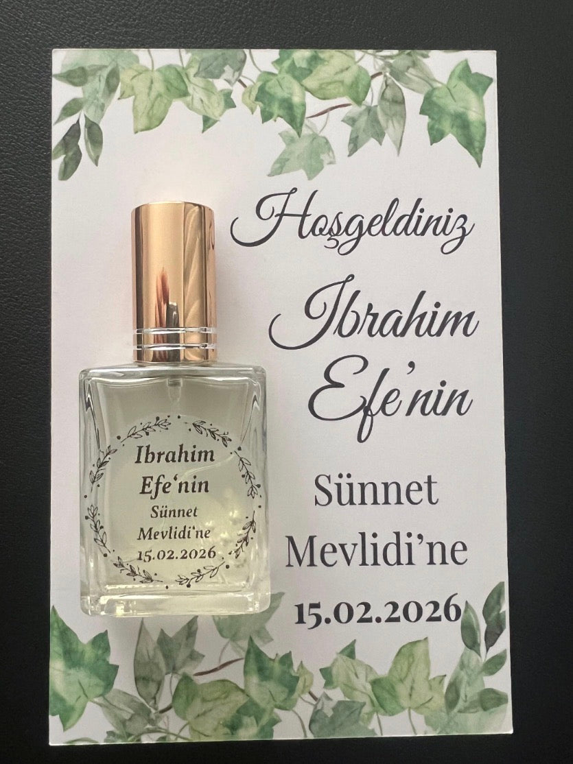 Gastgeschenke zur Mevlüt: Personalisierte Karte mit Parfum-Fläschchen