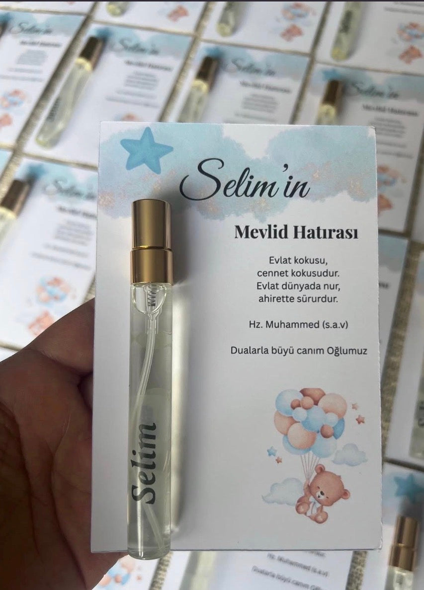 Personalisiertes Mevlüt Gastgeschenk-Karte mit Duftfläschchen und Kolonya