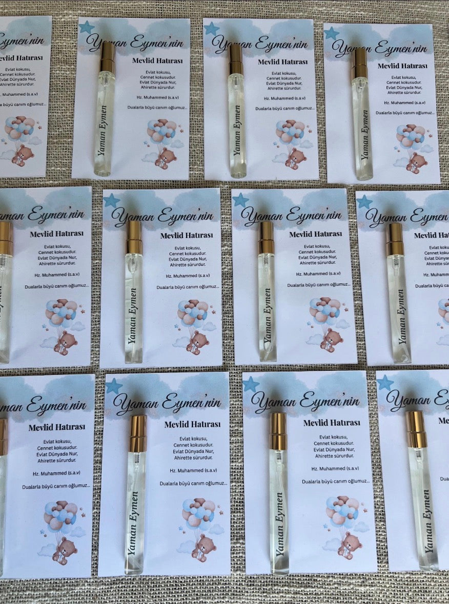 Personalisiertes Mevlüt Gastgeschenk-Karte mit Duftfläschchen und Kolonya