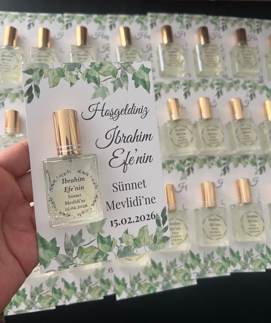 Gastgeschenke zur Mevlüt: Personalisierte Karte mit Parfum-Fläschchen