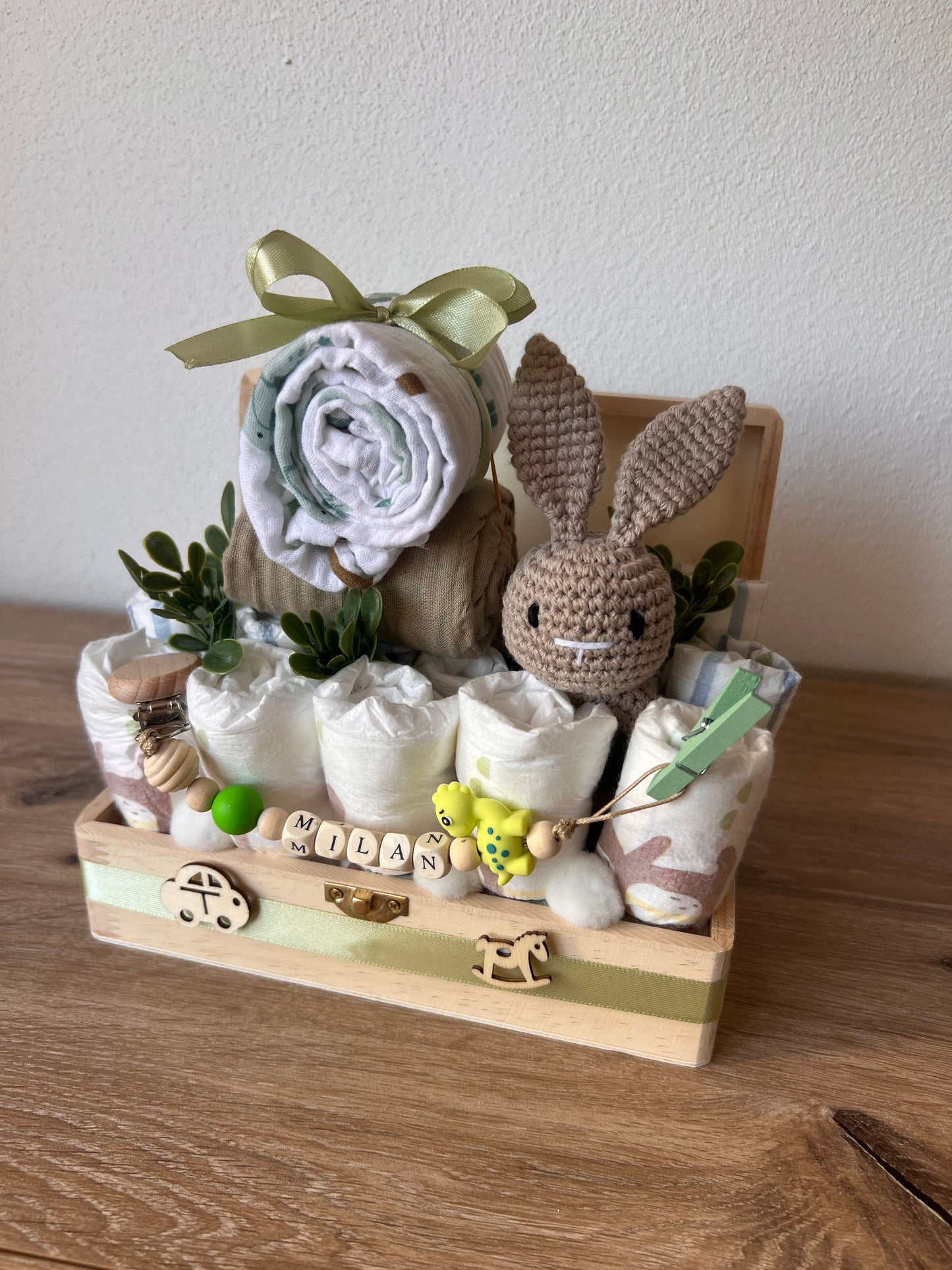 Windeltorte in Erinnerungsholzkiste - Personalisiertes Baby Geschenkset