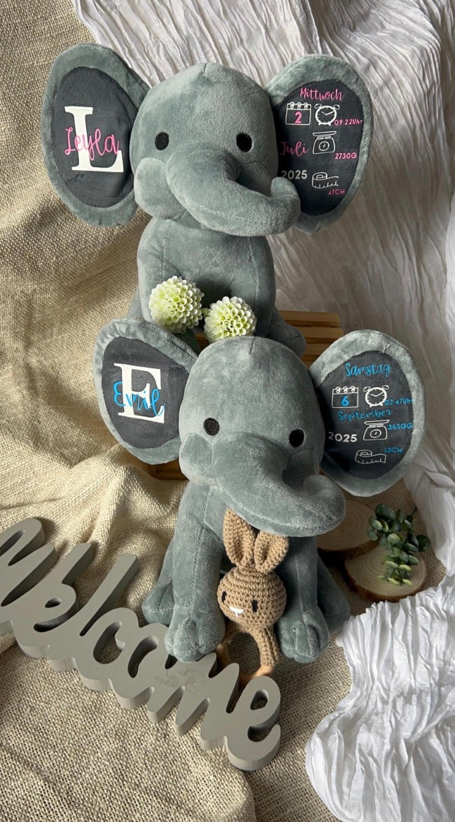 Personalisiertes Kuscheltier-Elefant mit Geburtsdaten