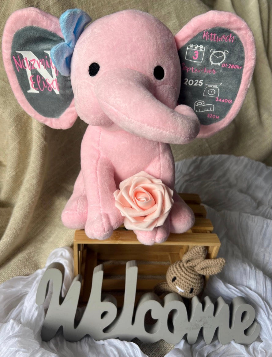 Personalisiertes Kuscheltier-Elefant mit Geburtsdaten
