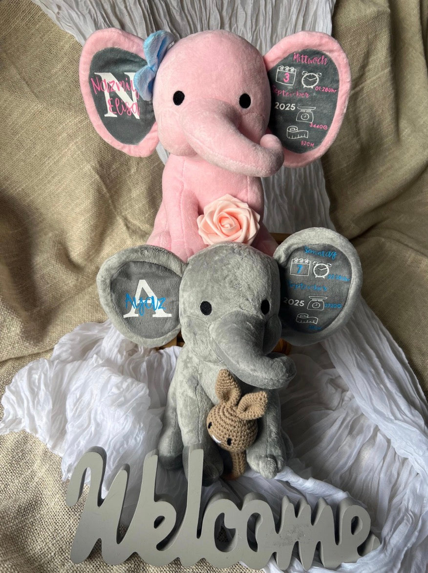 Personalisiertes Kuscheltier-Elefant mit Geburtsdaten