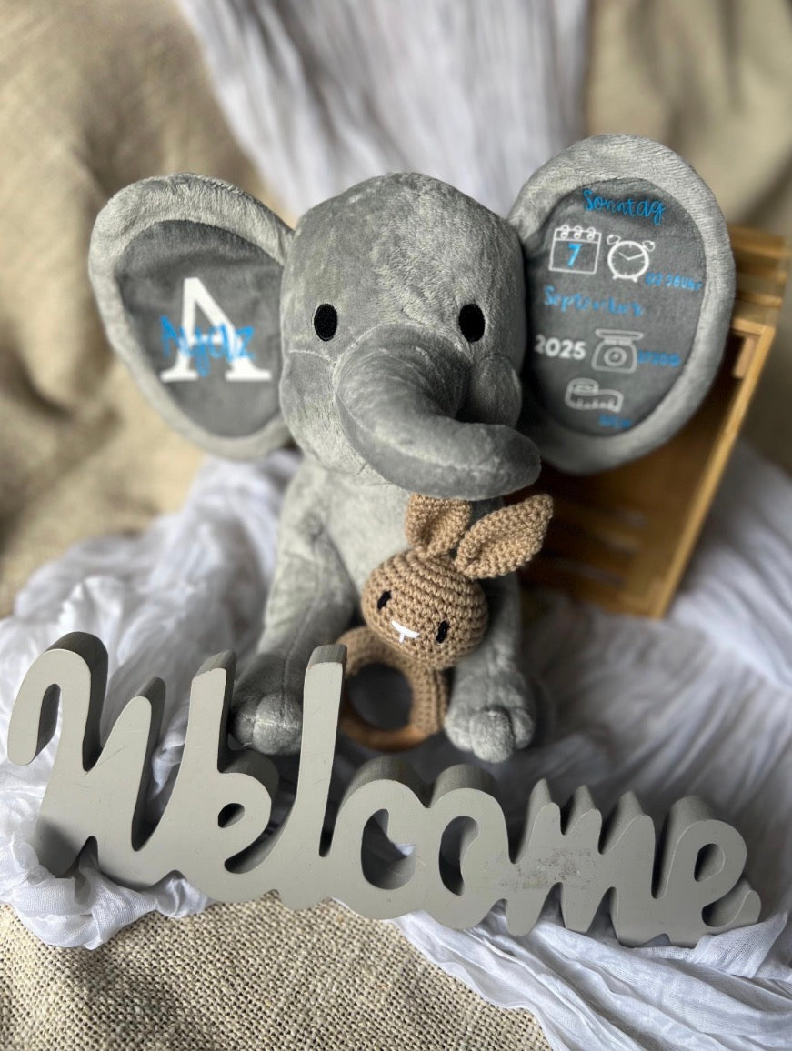 Personalisiertes Kuscheltier-Elefant mit Geburtsdaten