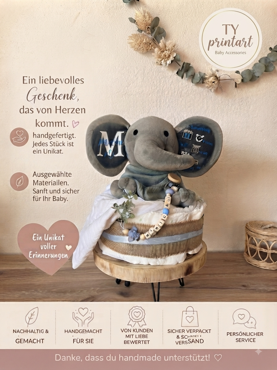 Windeltorte mit personalisiertem Elefant
