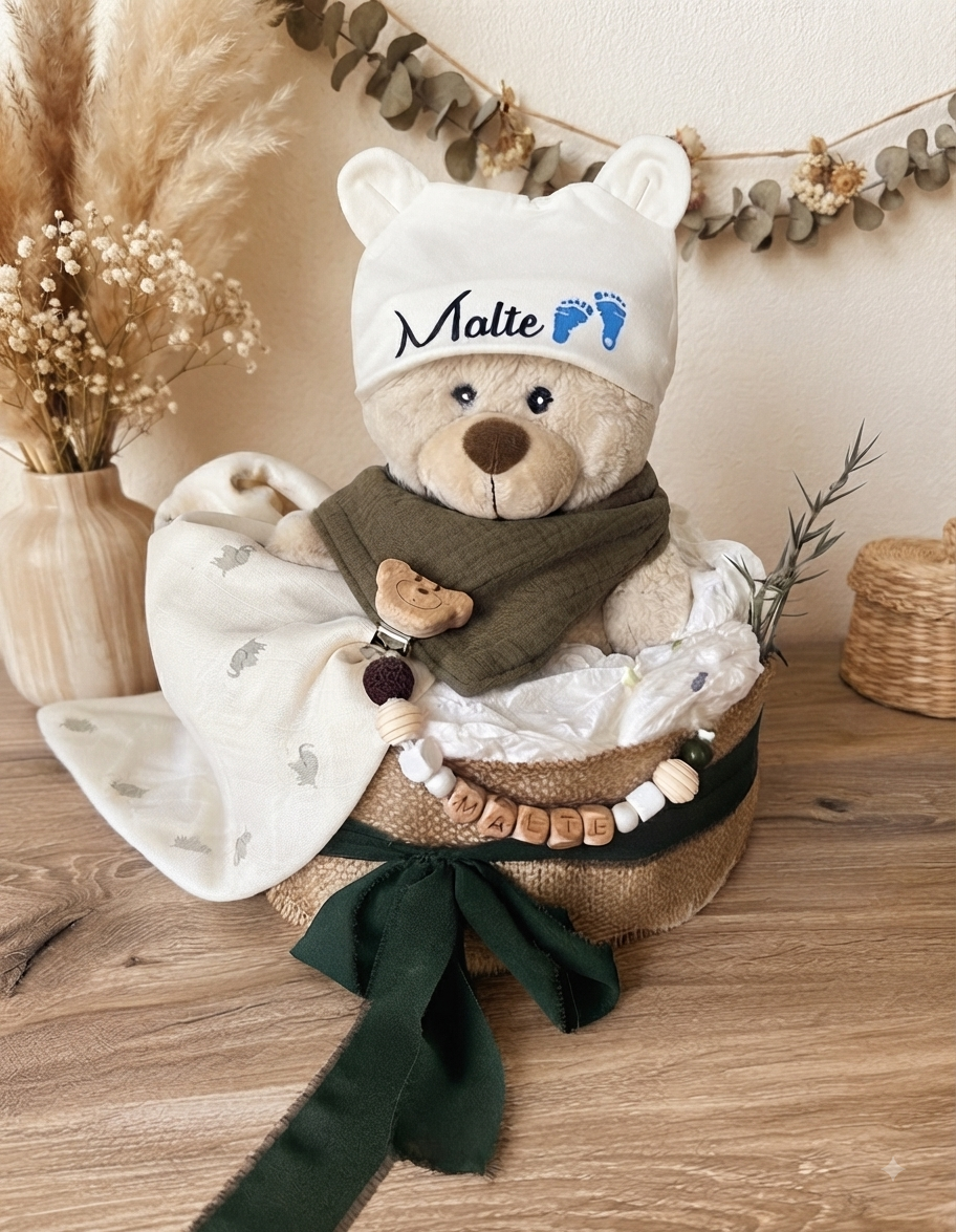 Windeltorte, personalisiert mit Namen  Babygeschenk Geburt, Taufe/ Babyshower-  Teddybär, Giraffe, Löwe, mit Schnullerkette und Babysocken