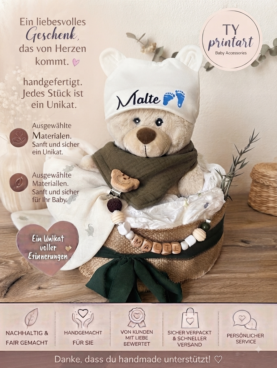 Windeltorte, personalisiert mit Namen  Babygeschenk Geburt, Taufe/ Babyshower-  Teddybär, Giraffe, Löwe, mit Schnullerkette und Babysocken