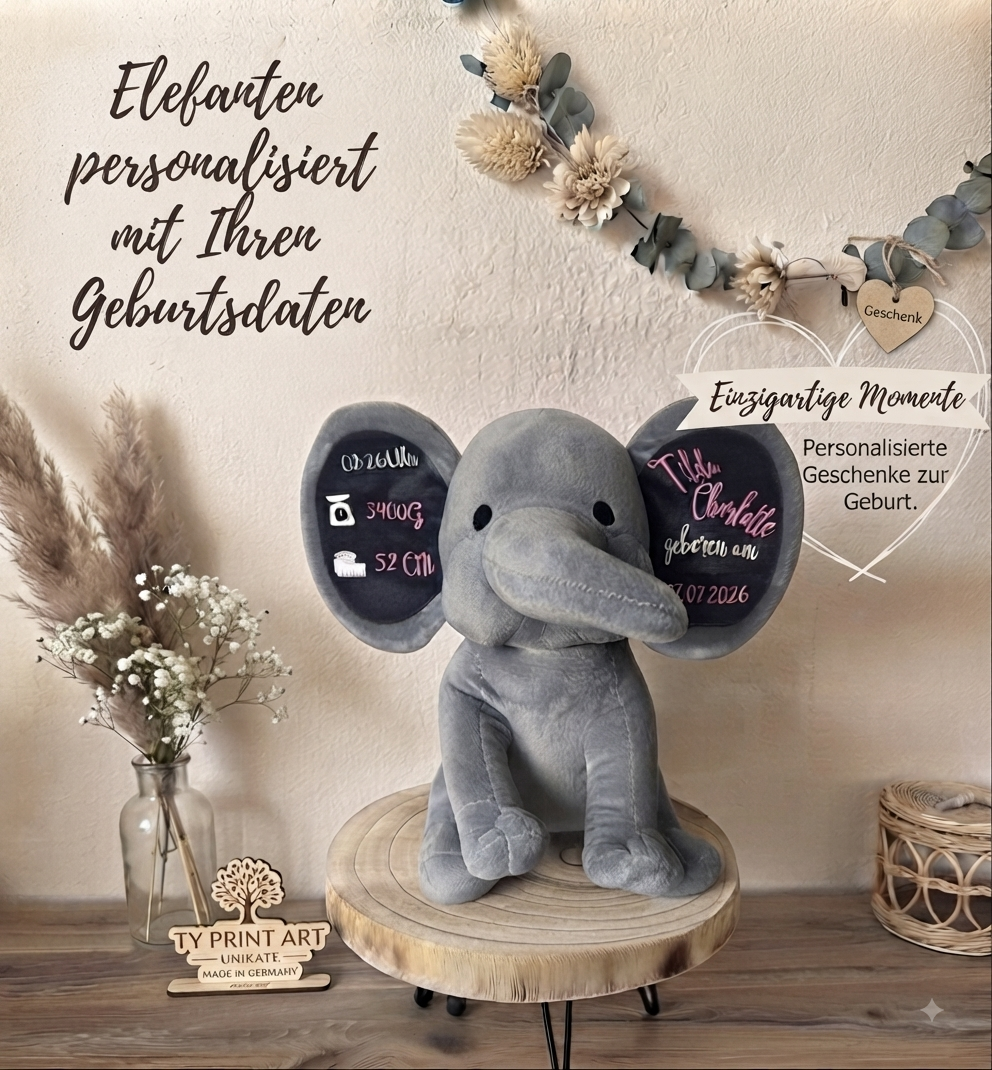 Personalisiertes Kuscheltier-Elefant mit Geburtsdaten