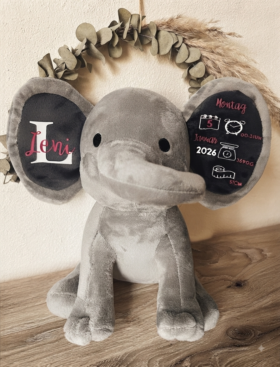 Personalisiertes Kuscheltier-Elefant mit Geburtsdaten