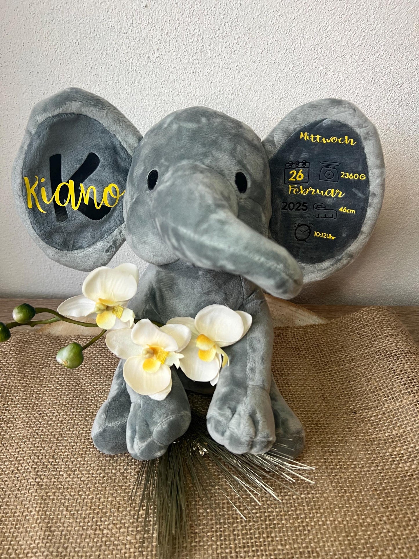 Personalisierter Elefant mit Geburtsdaten  Baby Geschenk Geburt Taufe | Erinnerungsstück mit Name & Daten | Kuscheltier Geschenkidee“
