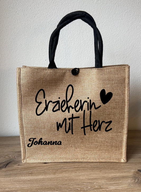 Erzieherin mit Herz Jute Bag, mit Namen personalisiert, Abschiedsgeschenk, Geburtstagsgeschenk, individuell gestaltbar, Herzensmensch