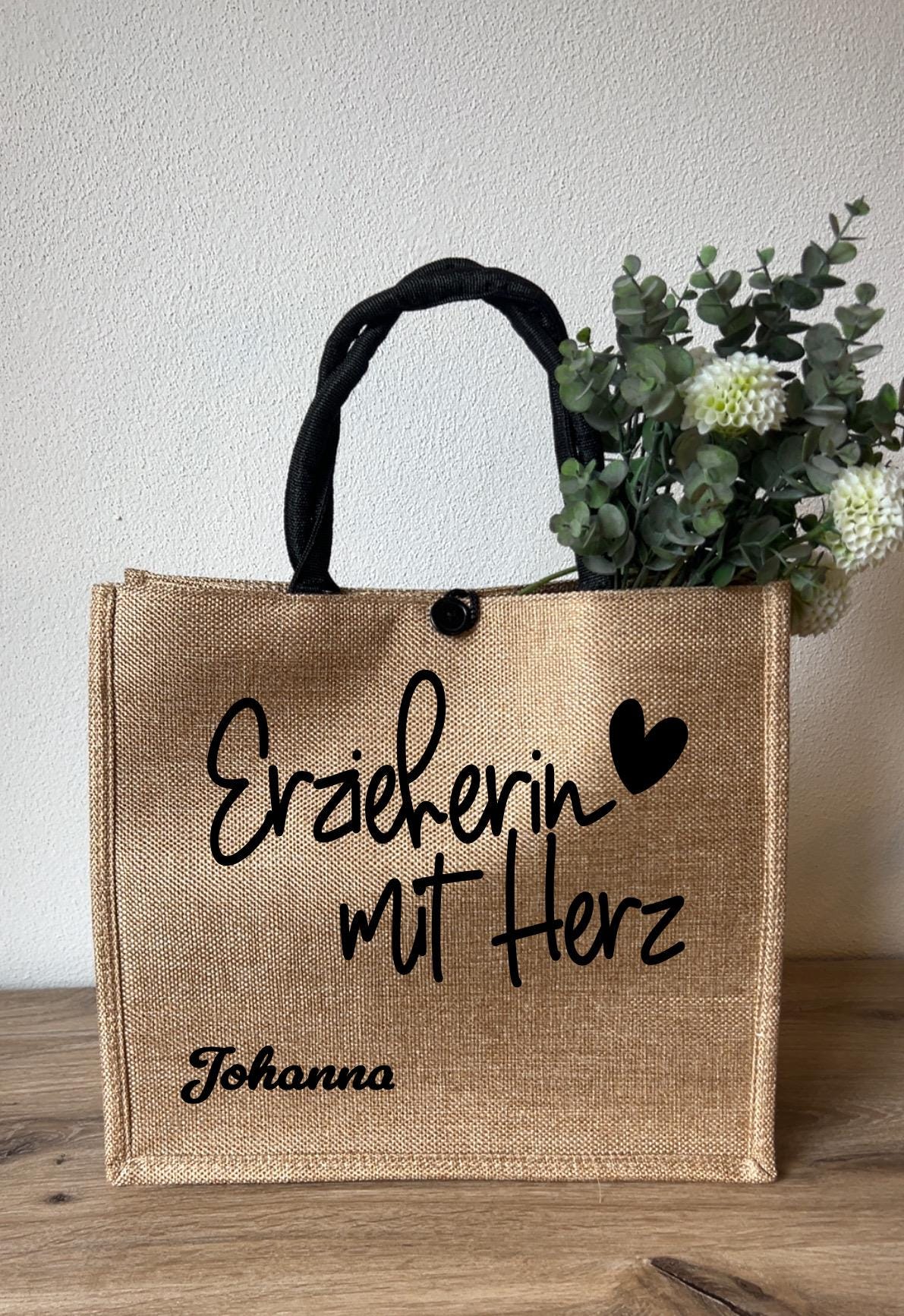 Erzieherin mit Herz Jute Bag, mit Namen personalisiert, Abschiedsgeschenk, Geburtstagsgeschenk, individuell gestaltbar, Herzensmensch