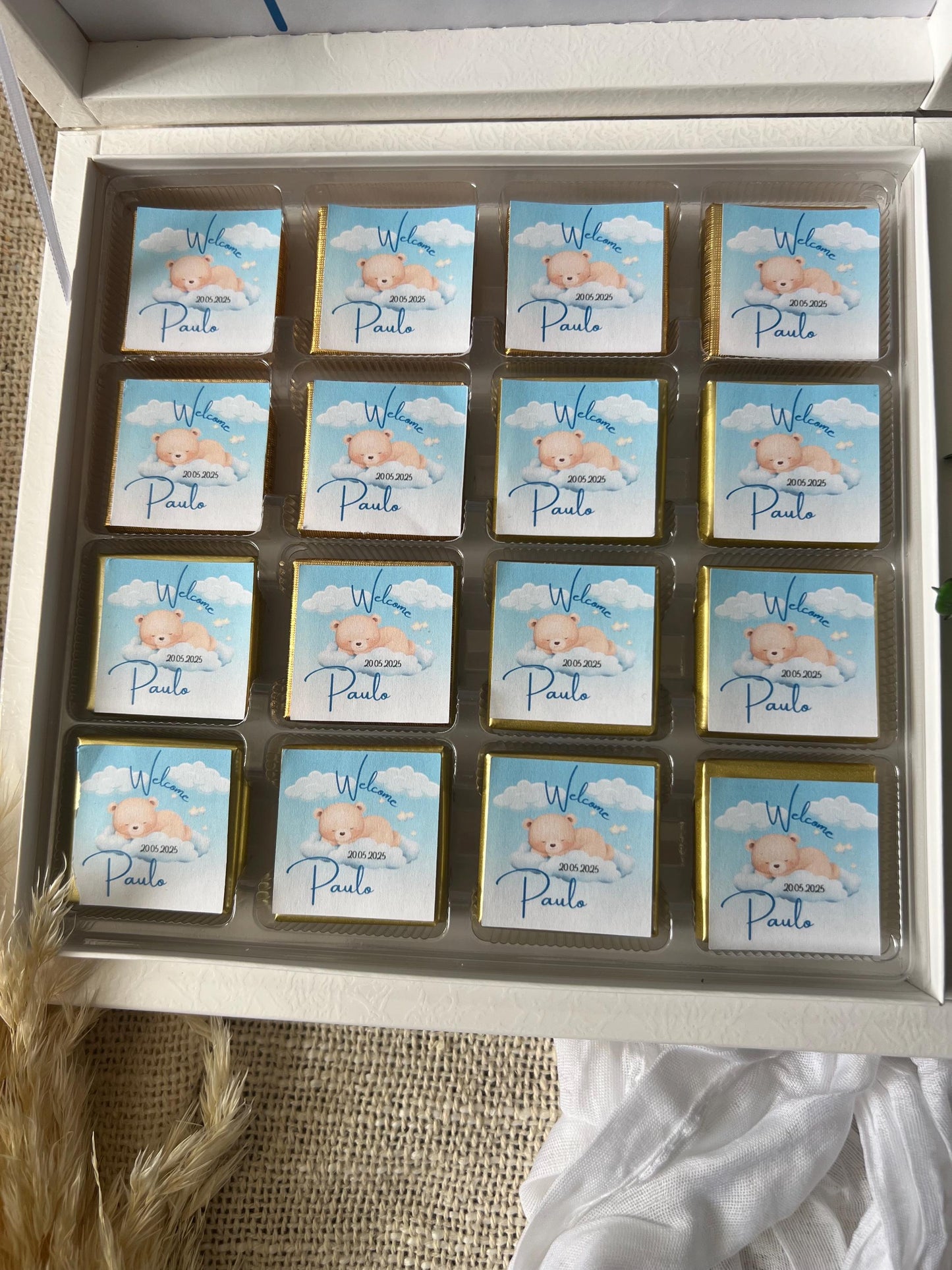Schokoladenbox personalisiert mit schlafendem Teddy, Geschenk zur Geburt, Taufgeschenk, Babyshower, Sünnet feier...