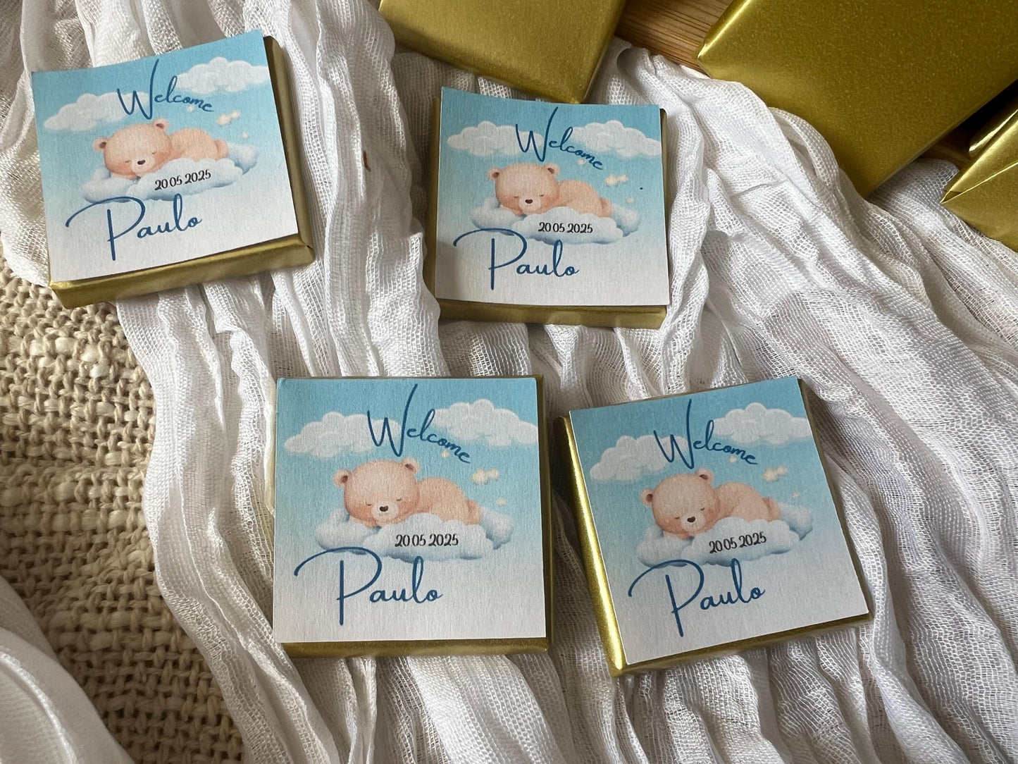 Schokoladenbox personalisiert mit schlafendem Teddy, Geschenk zur Geburt, Taufgeschenk, Babyshower, Sünnet feier...