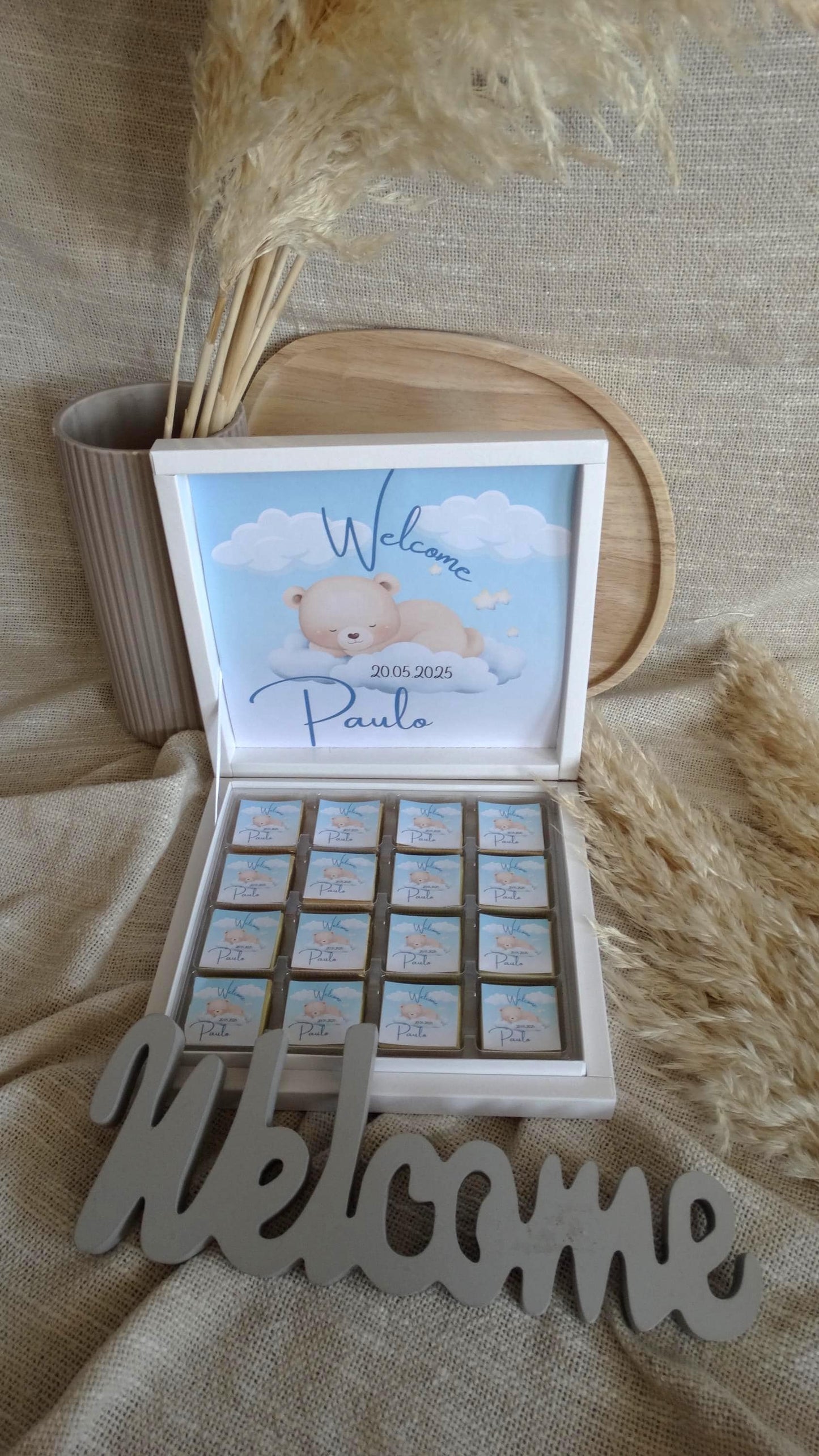 Schokoladenbox personalisiert mit schlafendem Teddy, Geschenk zur Geburt, Taufgeschenk, Babyshower, Sünnet feier...