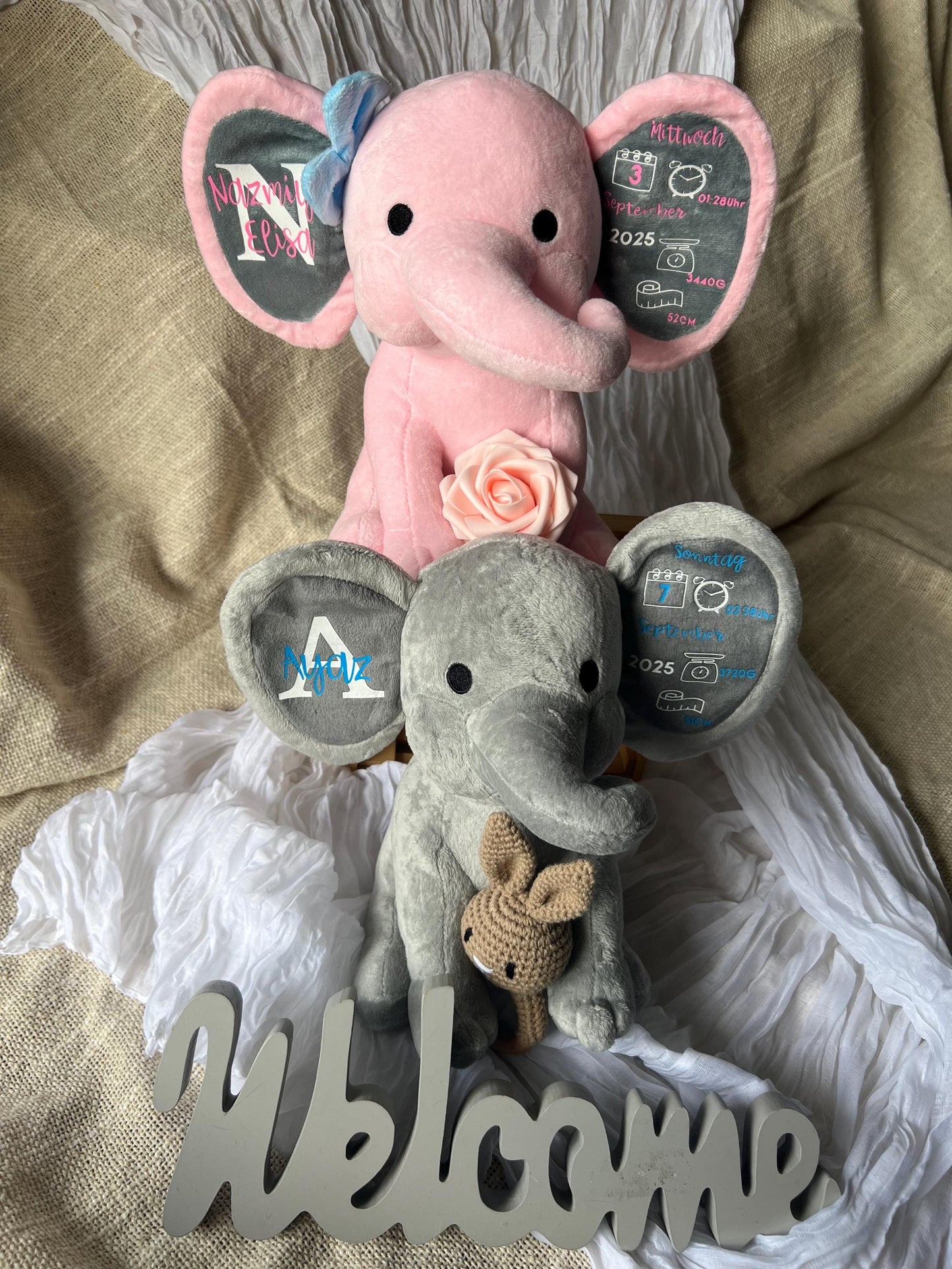 Personalisierter Elefant mit Geburtsdaten  Baby Geschenk Geburt Taufe | Erinnerungsstück mit Name & Daten | Kuscheltier Geschenkidee“