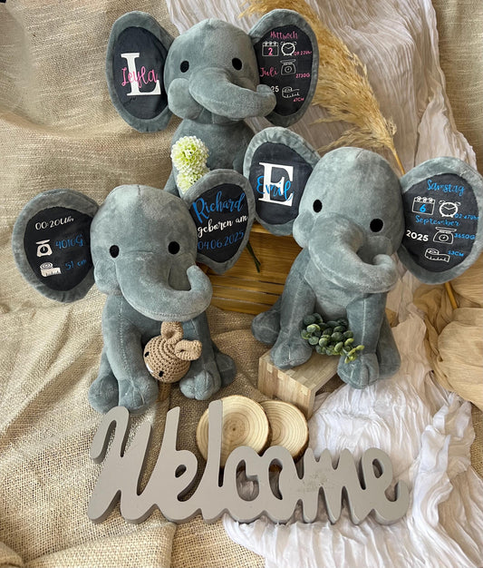 Personalisierter Elefant mit Geburtsdaten  Baby Geschenk Geburt Taufe | Erinnerungsstück mit Name & Daten | Kuscheltier Geschenkidee“