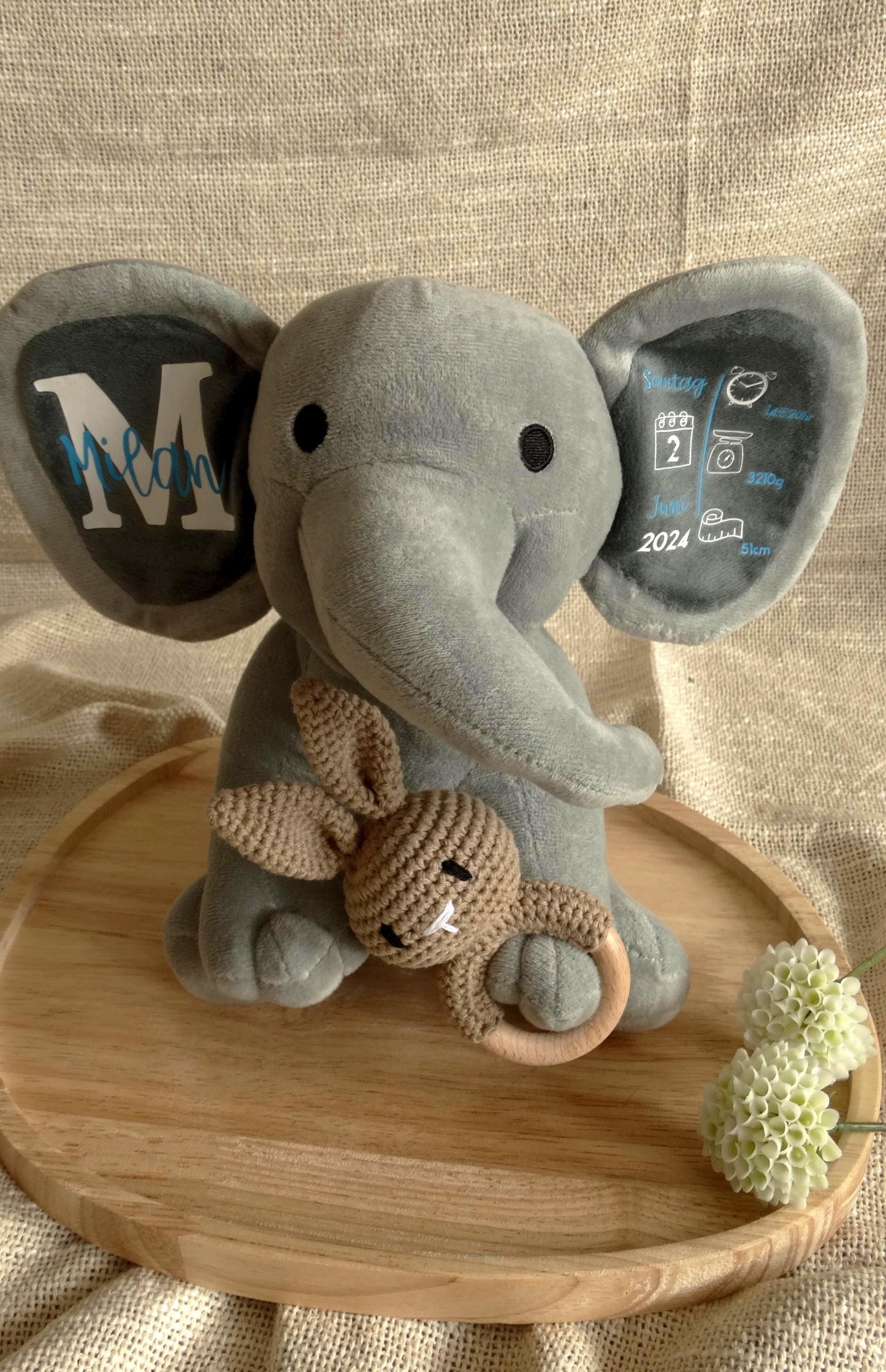 Personalisierter Elefant mit Geburtsdaten  Baby Geschenk Geburt Taufe | Erinnerungsstück mit Name & Daten | Kuscheltier Geschenkidee“