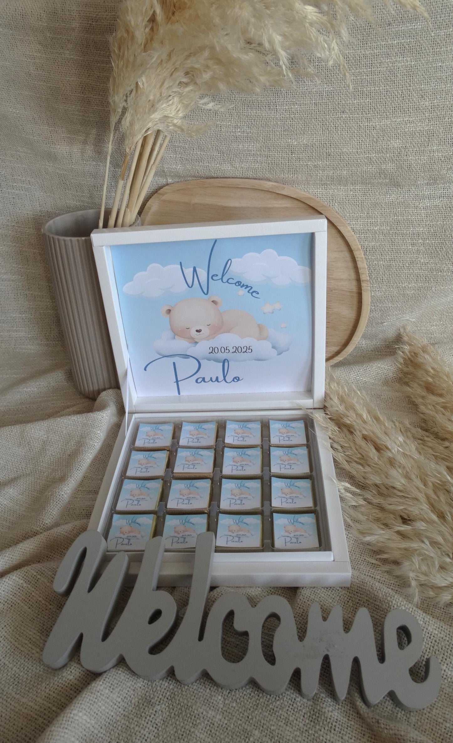 Schokoladenbox personalisiert mit schlafendem Teddy, Geschenk zur Geburt, Taufgeschenk, Babyshower, Sünnet feier...