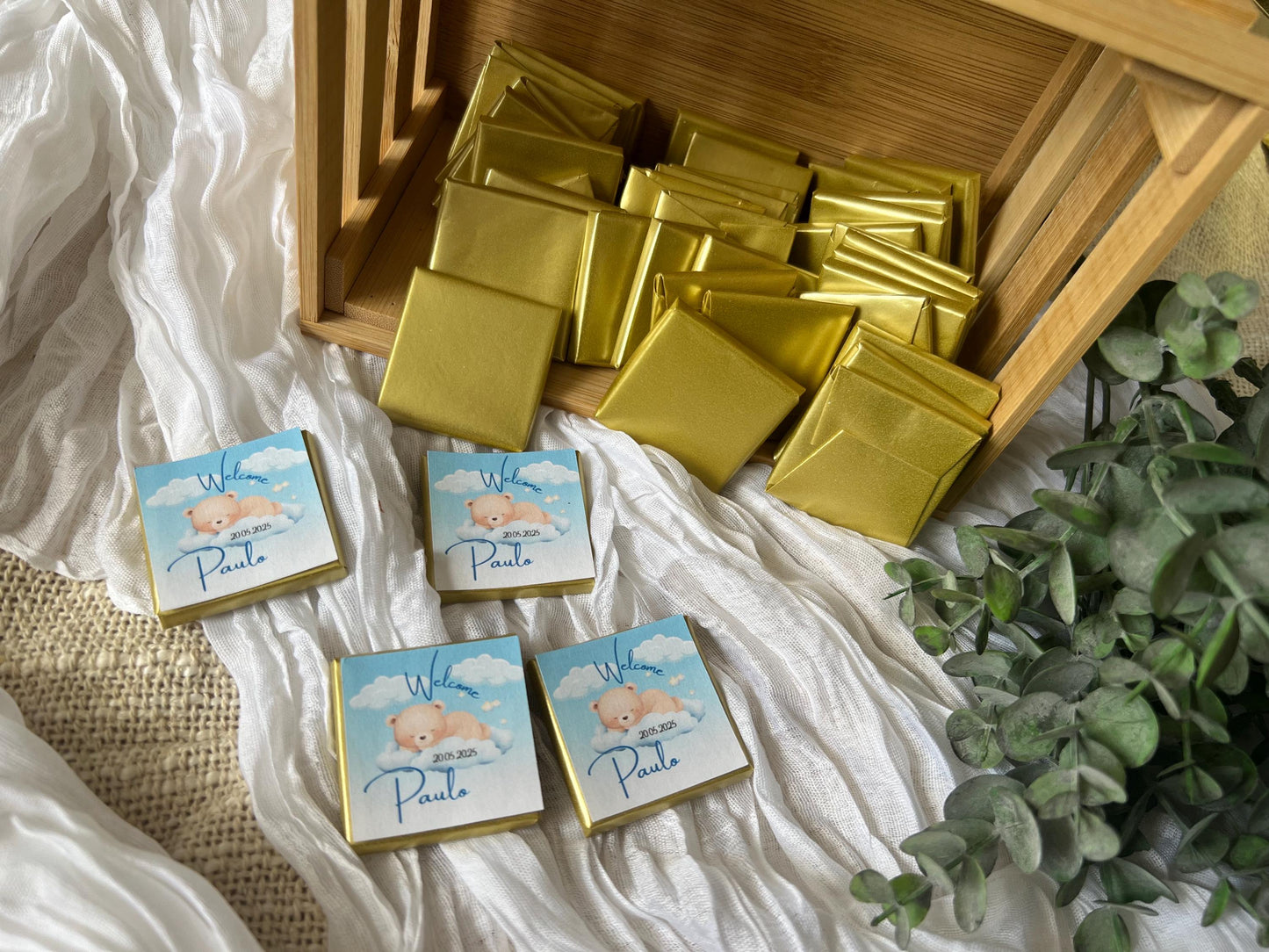 Schokoladenbox personalisiert mit schlafendem Teddy, Geschenk zur Geburt, Taufgeschenk, Babyshower, Sünnet feier...