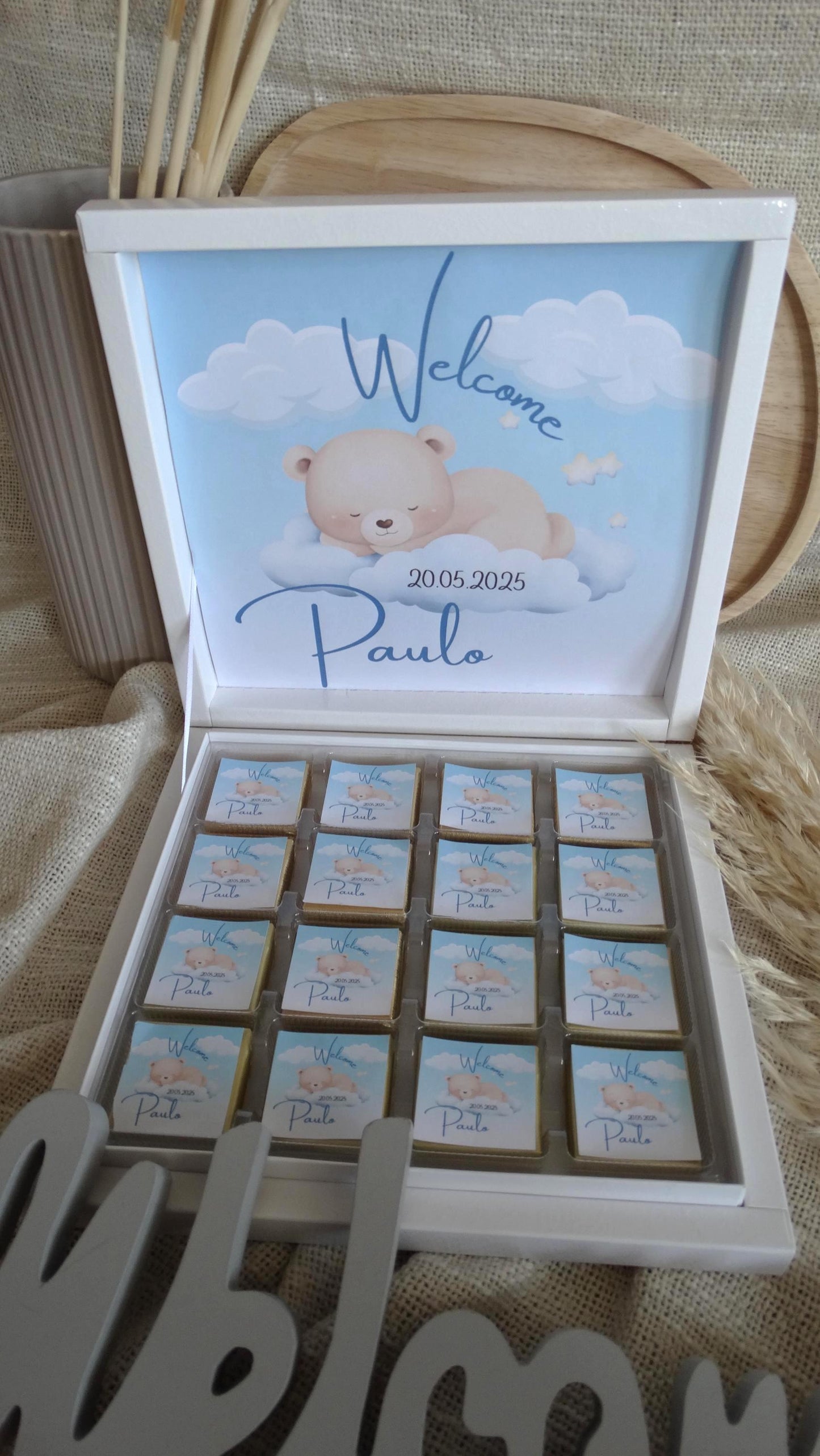 Schokoladenbox personalisiert mit schlafendem Teddy, Geschenk zur Geburt, Taufgeschenk, Babyshower, Sünnet feier...
