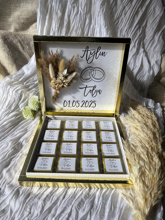 Schokobox personalisiert mit Ihrem Wunschdatum und Namen, Kuran okuyor,  Verlobung oder Hochzeit, Pralinenschachtel, Gastgeschenk
