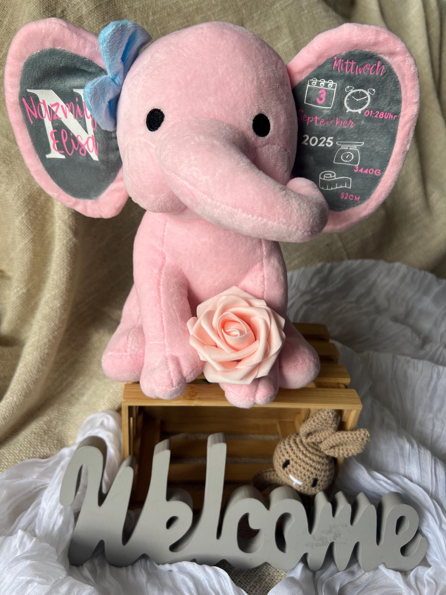 Personalisierter Elefant mit Geburtsdaten  Baby Geschenk Geburt Taufe | Erinnerungsstück mit Name & Daten | Kuscheltier Geschenkidee“