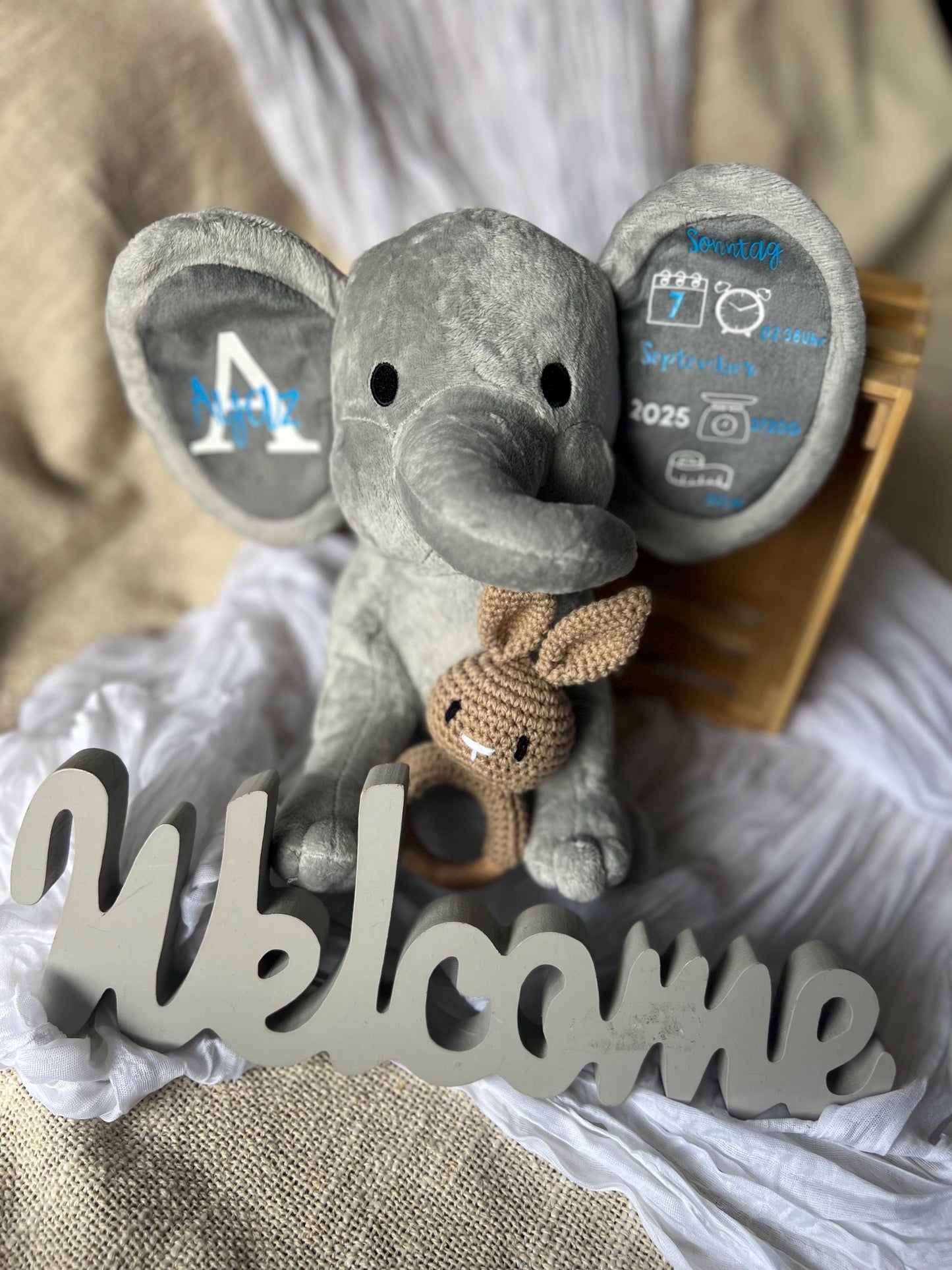 Personalisierter Elefant mit Geburtsdaten  Baby Geschenk Geburt Taufe | Erinnerungsstück mit Name & Daten | Kuscheltier Geschenkidee“