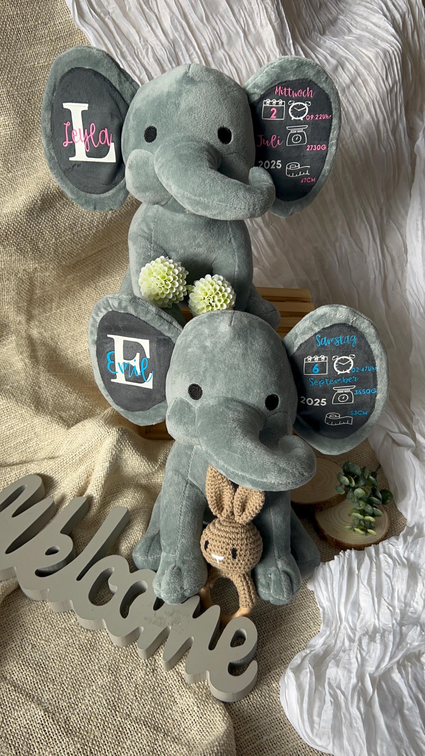 Personalisierter Elefant mit Geburtsdaten  Baby Geschenk Geburt Taufe | Erinnerungsstück mit Name & Daten | Kuscheltier Geschenkidee“