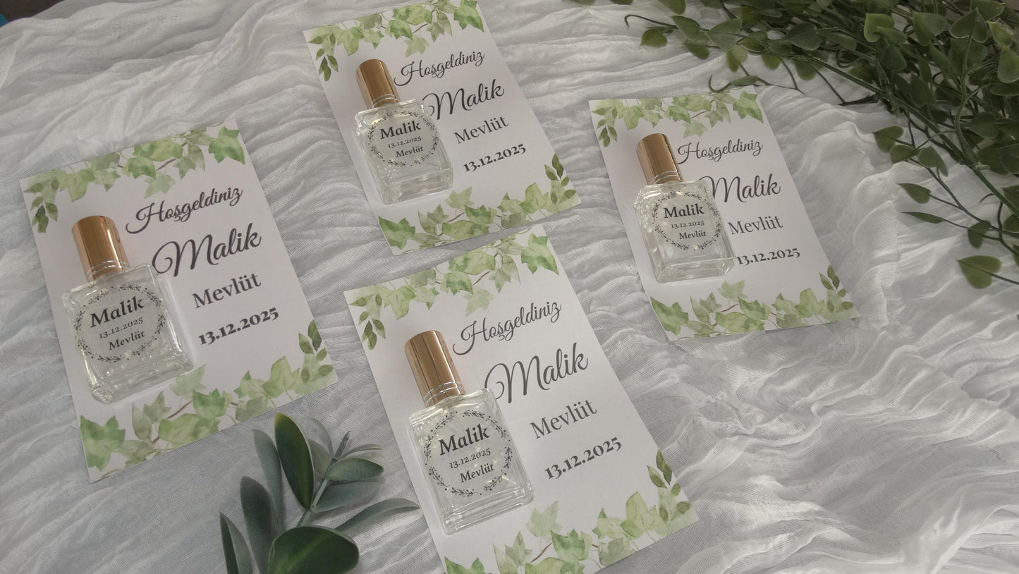 Personalisierte Mevlüt Karte, Gastgeschenk mit Kolonya Sprühflasche, Mevlüt Hediye, Tischkarte, Baby, Sünnet, Nişan, Bebek Geschenk