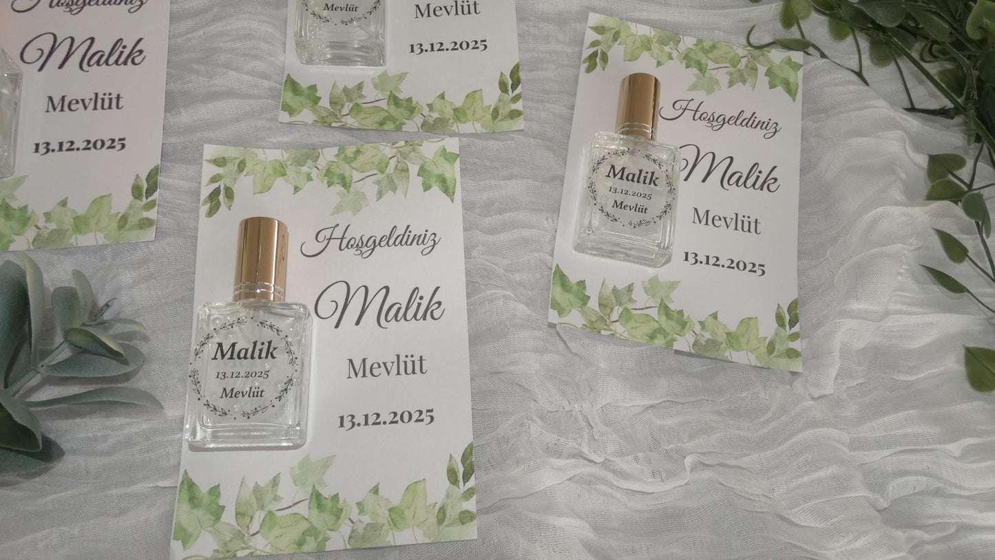 Personalisierte Mevlüt Karte, Gastgeschenk mit Kolonya Sprühflasche, Mevlüt Hediye, Tischkarte, Baby, Sünnet, Nişan, Bebek Geschenk