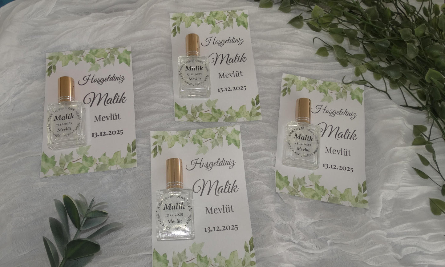 Personalisierte Mevlüt Karte, Gastgeschenk mit Kolonya Sprühflasche, Mevlüt Hediye, Tischkarte, Baby, Sünnet, Nişan, Bebek Geschenk