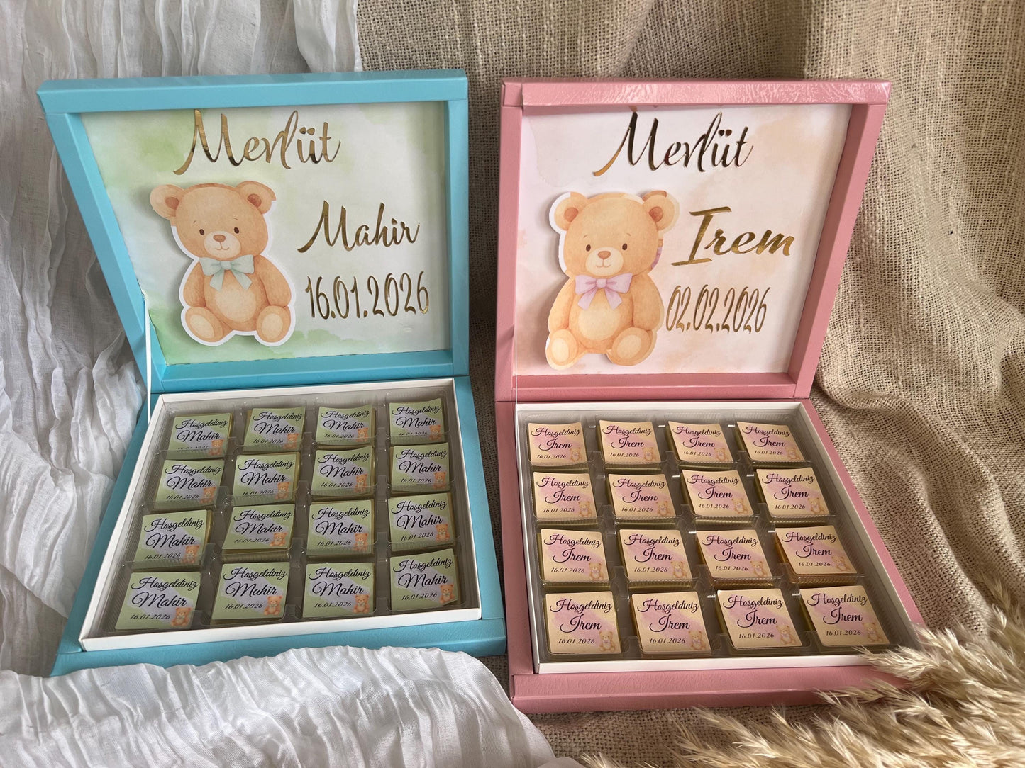 Mevlüt Schokobox, Hoşgeldin Bebek, Baby Party, Schokobox personalisiert mit Teddy, Sünnet, Willkommensgeschenk Baby