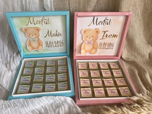 Mevlüt Schokobox, Hoşgeldin Bebek, Baby Party, Schokobox personalisiert mit Teddy, Sünnet, Willkommensgeschenk Baby