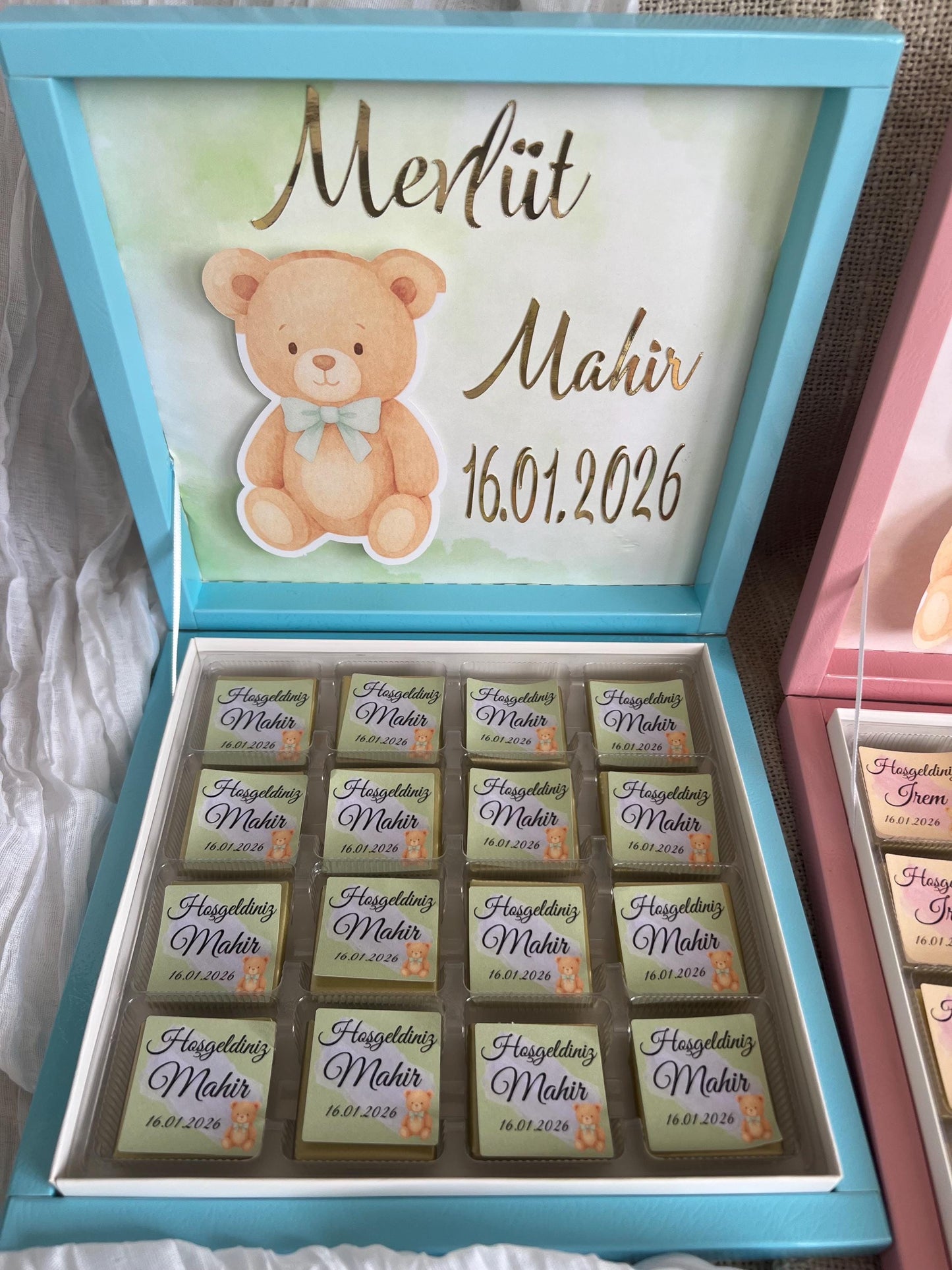 Mevlüt Schokobox, Hoşgeldin Bebek, Baby Party, Schokobox personalisiert mit Teddy, Sünnet, Willkommensgeschenk Baby