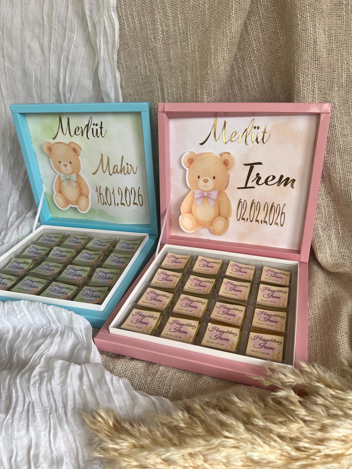 Mevlüt Schokobox, Hoşgeldin Bebek, Baby Party, Schokobox personalisiert mit Teddy, Sünnet, Willkommensgeschenk Baby