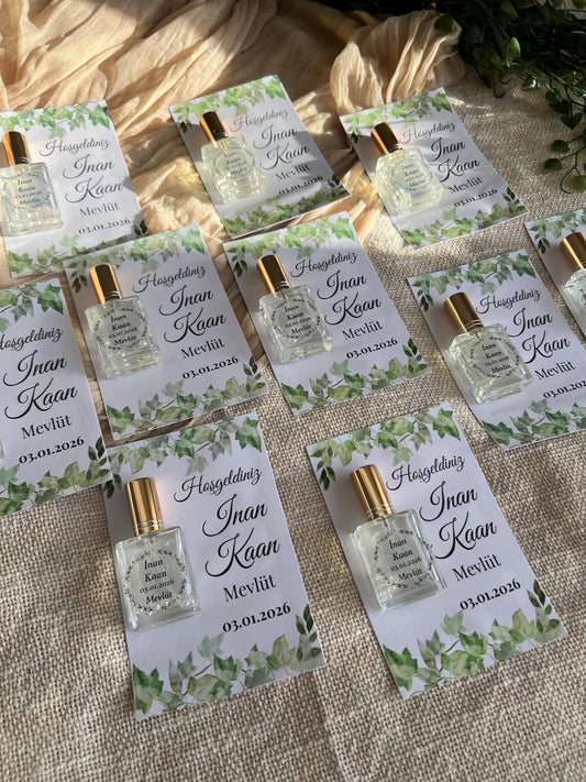 Personalisierte Mevlüt Karte, Gastgeschenk mit Kolonya Sprühflasche, Mevlüt Hediye, Tischkarte, Baby, Sünnet, Nişan, Bebek Geschenk