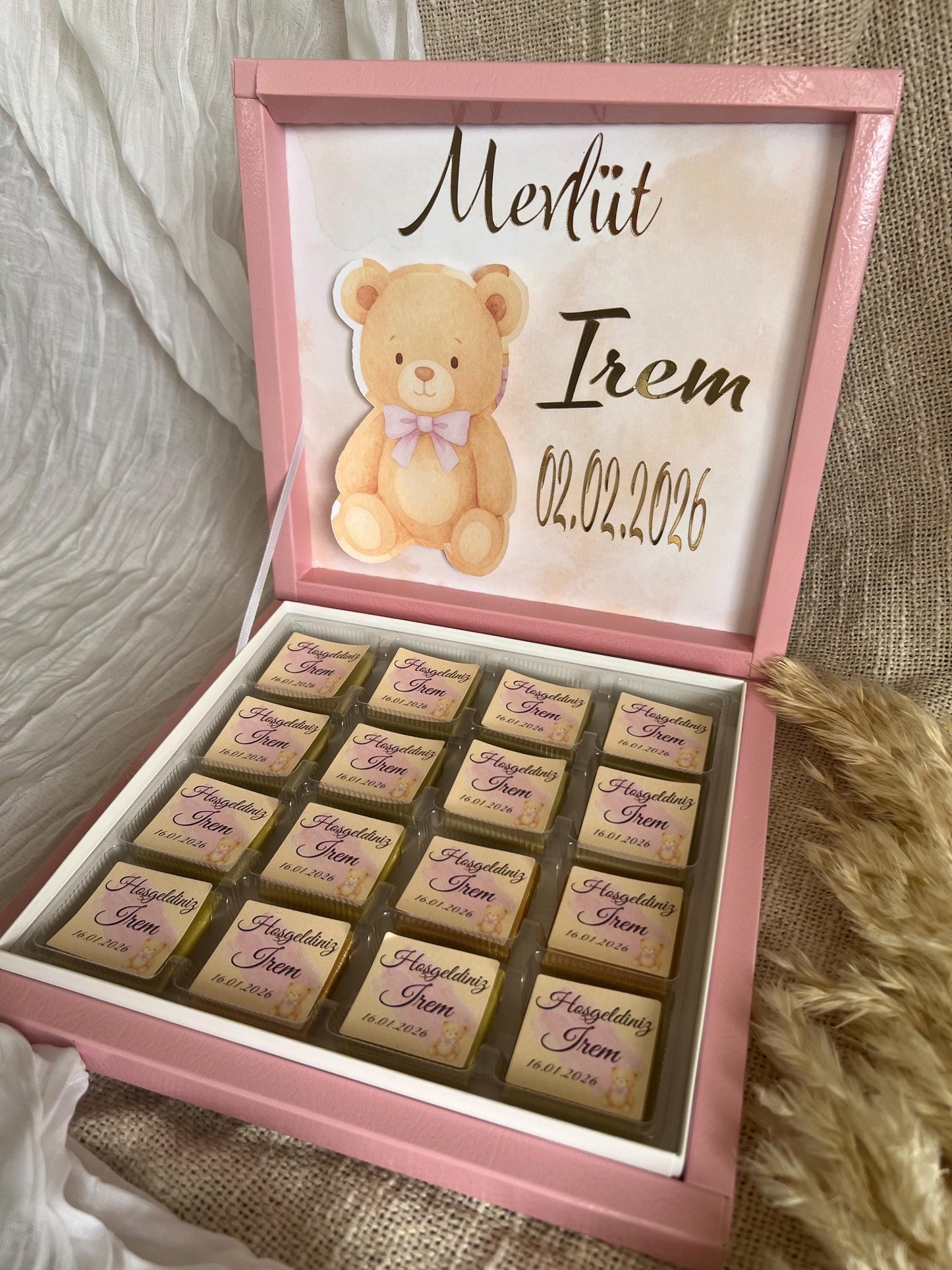 Mevlüt Schokobox, Hoşgeldin Bebek, Baby Party, Schokobox personalisiert mit Teddy, Sünnet, Willkommensgeschenk Baby