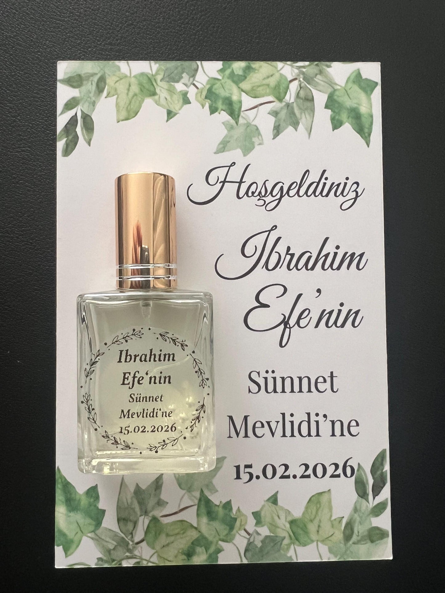 Personalisierte Mevlüt Karte, Gastgeschenk mit Kolonya Sprühflasche, Mevlüt Hediye, Tischkarte, Baby, Sünnet, Nişan, Bebek Geschenk
