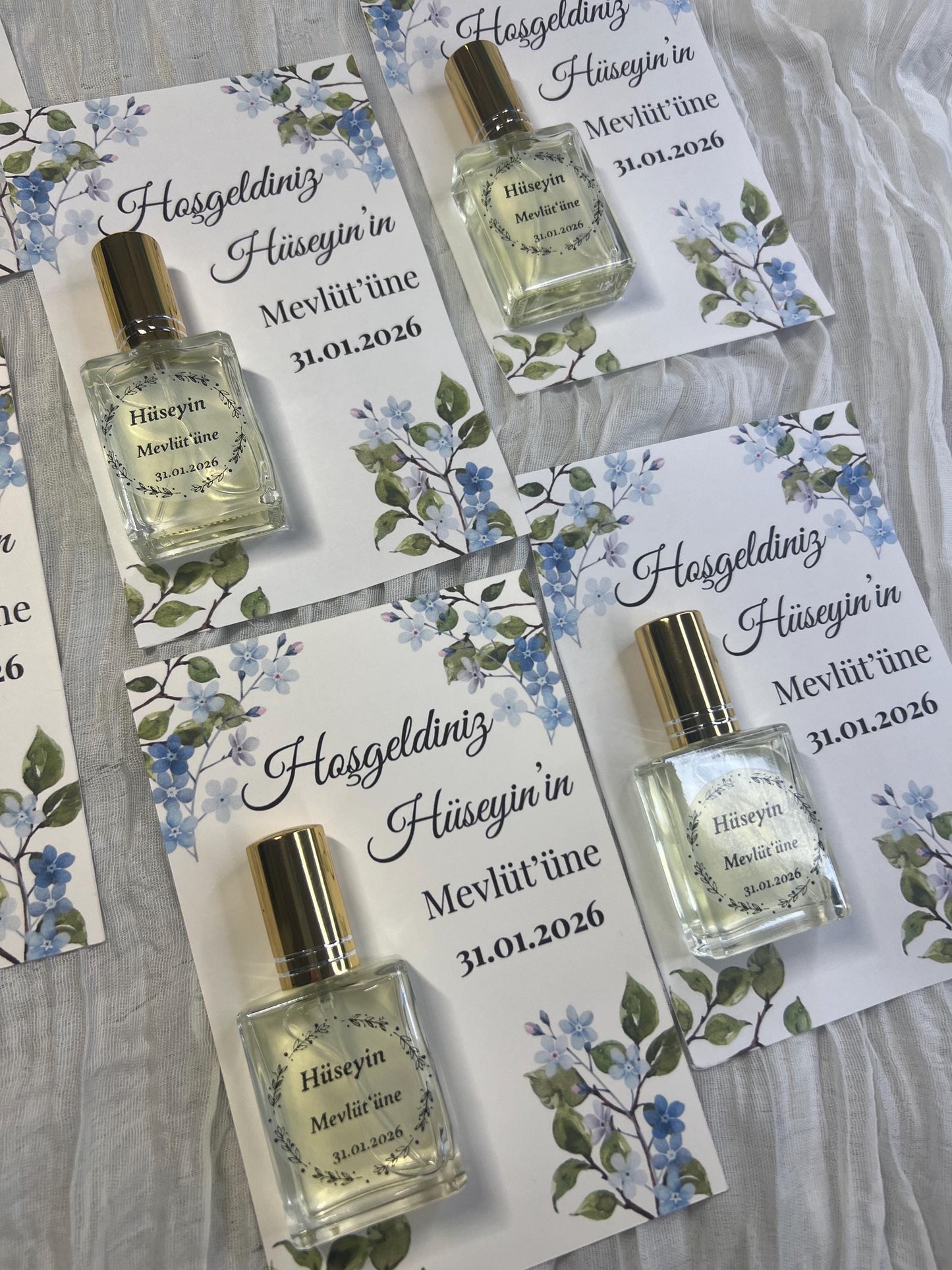 Personalisierte Mevlüt Karte, Gastgeschenk Karte mit Kolonya Sprühflasche, Mevlüt Hediye, Tischkarte, Baby, Sünnet, Nişan, Bebek Geschenk
