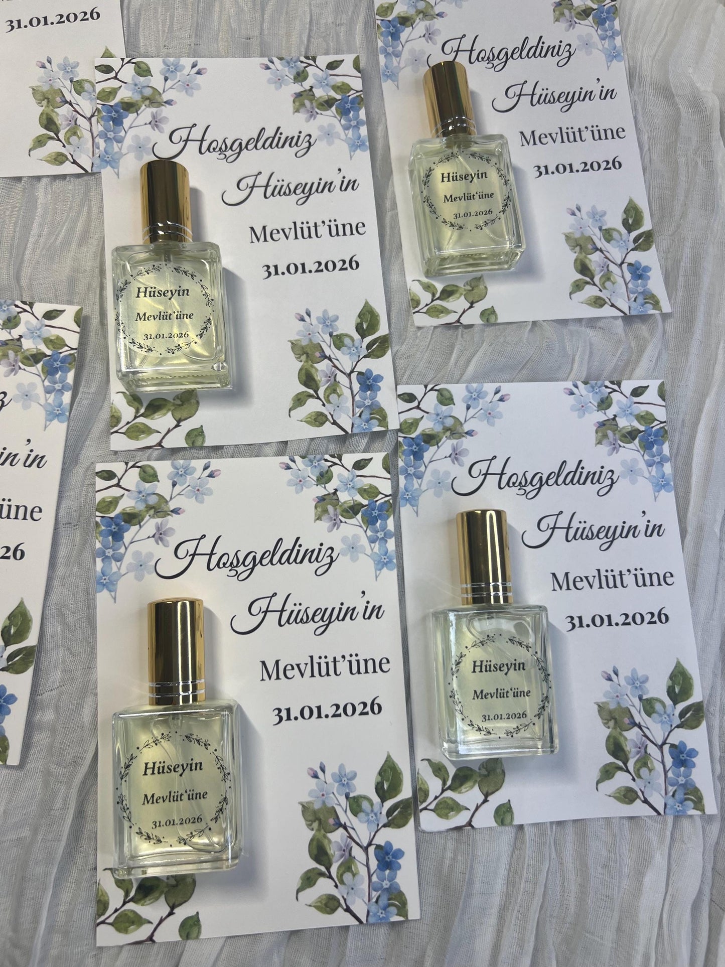 Personalisierte Mevlüt Karte, Gastgeschenk Karte mit Kolonya Sprühflasche, Mevlüt Hediye, Tischkarte, Baby, Sünnet, Nişan, Bebek Geschenk