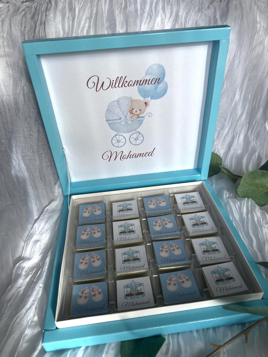 Personalisierte Schokobox zur Geburt Junge | Baby Geschenk | Willkommensgeschenk mit Name | Baby Schokolade, Schokotaler, Geschenk