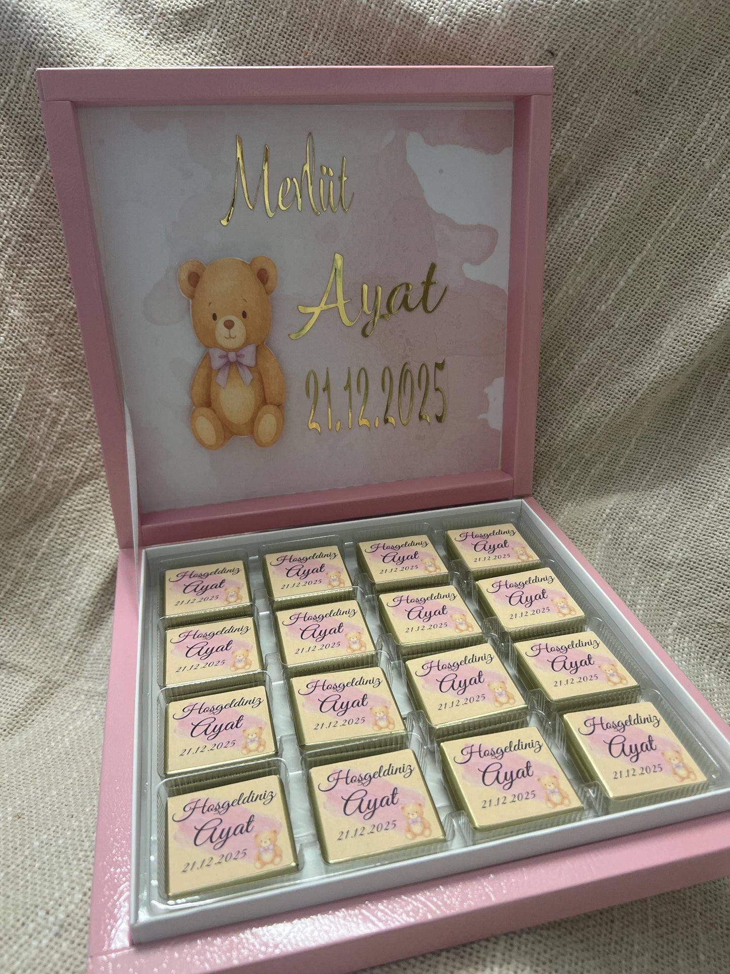 Mevlüt Schokobox, Hoşgeldin Bebek, Baby Party, Schokobox personalisiert mit Teddy, Sünnet, Willkommensgeschenk Baby