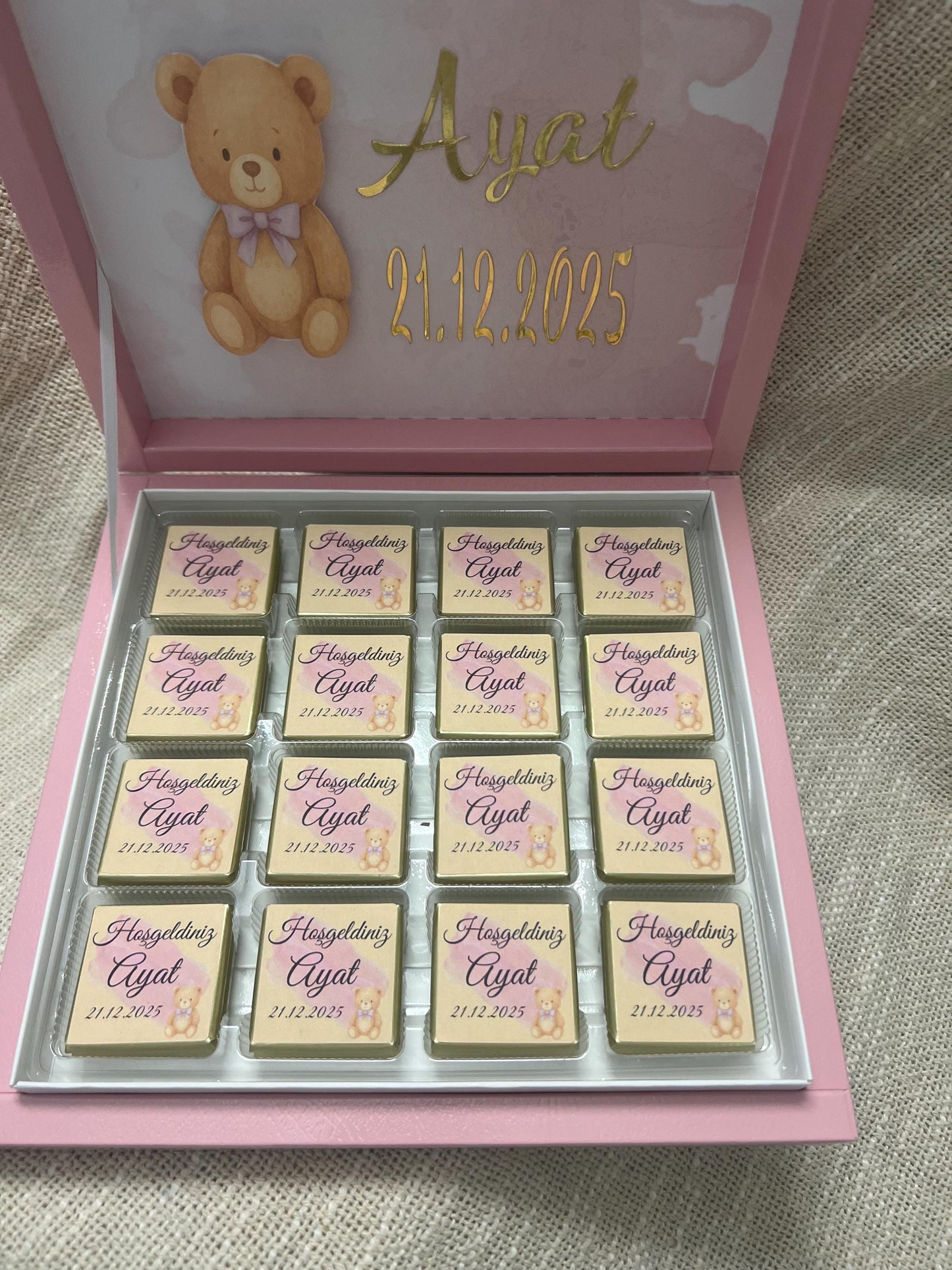 Mevlüt Schokobox, Hoşgeldin Bebek, Baby Party, Schokobox personalisiert mit Teddy, Sünnet, Willkommensgeschenk Baby
