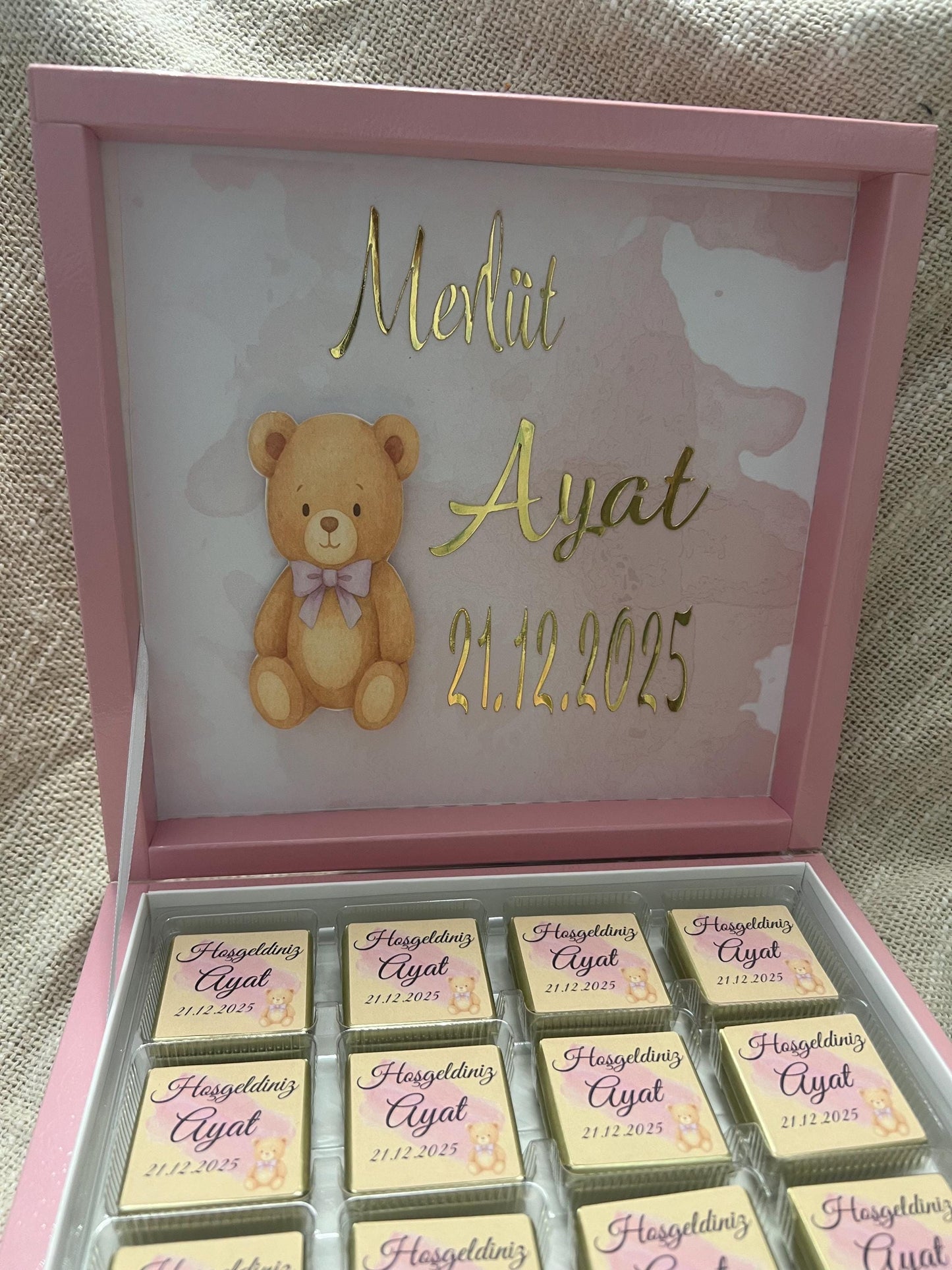 Mevlüt Schokobox, Hoşgeldin Bebek, Baby Party, Schokobox personalisiert mit Teddy, Sünnet, Willkommensgeschenk Baby